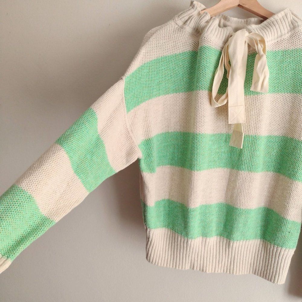 Free People Striped Linen Blend Sweater XS NEW Oversized Green Ivory Pullover - Picture 6 of 11